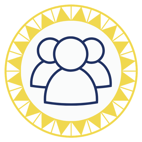 Icon of three stylized human figures inside a circle with a yellow border featuring triangular patterns.