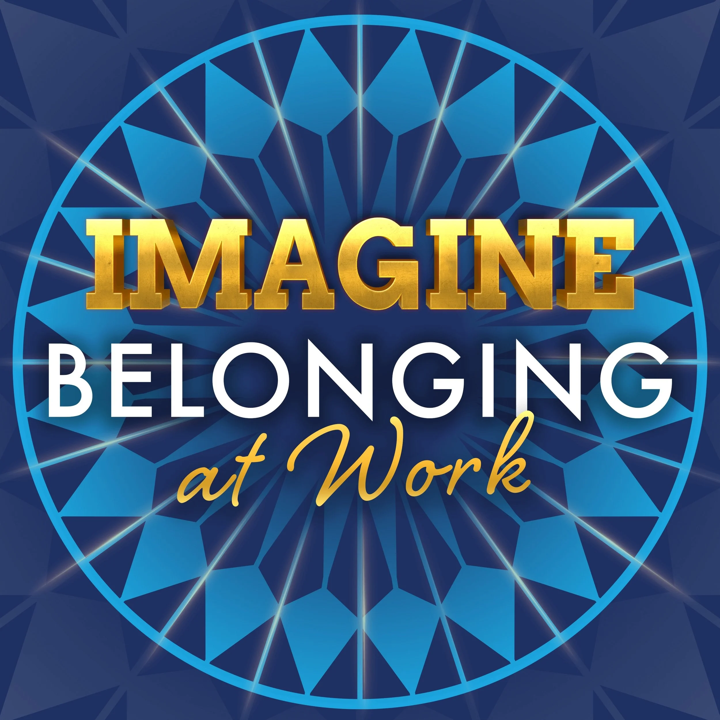 A blue circular graphic with a diamond and triangle pattern, overlaid with gold text saying 'IMAGINE' and white text saying 'BEONG' at the bottom.