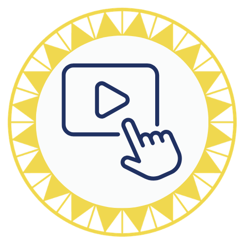 A hand icon clicking on a play button inside a video icon, surrounded by a gold decorative border.