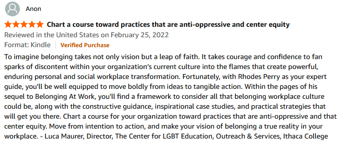 Screenshot of a book review about a course on workplace practices and community belonging, mentioning Rhodes Perry and practical strategies.