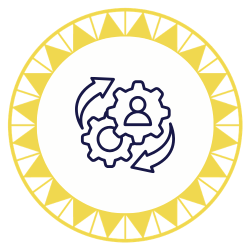 Icon with interconnected gears and a user profile symbol, surrounded by arrows indicating process or workflow, within a decorative circular border.