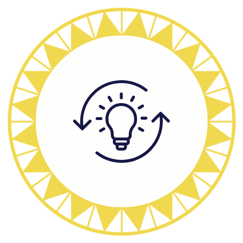Symbol of a light bulb with arrows around it, within a circular yellow border with triangles.