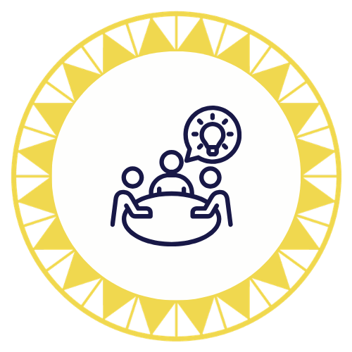 Illustration of three people sitting at a table with a lightbulb and gear icon above, inside a circular frame with a gold and black triangular pattern.
