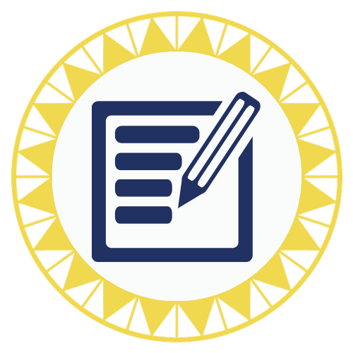 Icon of a clipboard with paper and a pen, surrounded by a yellow circular border with black triangular patterns.