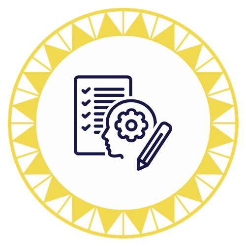 Icon of a clipboard with checkmarks, a human head with a gear, and a pencil, surrounded by a decorative gold border.