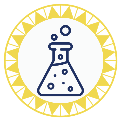 Icon of a laboratory flask with bubbles inside, surrounded by a decorative gold circular border.