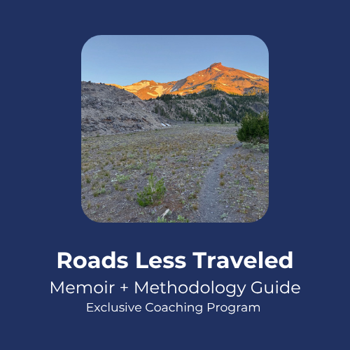 Book cover titled 'Roads Less Traveled' featuring a mountain trail with rocky terrain and distant mountains under a clear sky.