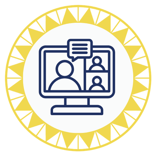 Icon of a computer monitor with a video call showing three people and a speech bubble, surrounded by a decorative yellow and black circular border.