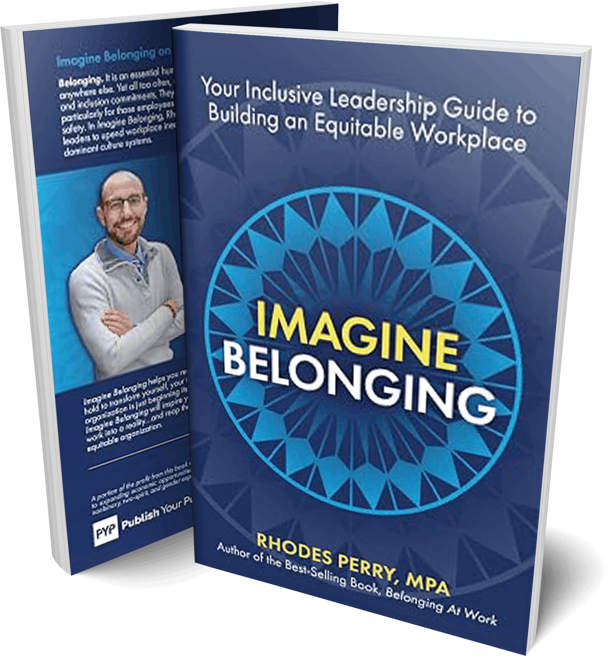 Brochure titled 'Your Inclusive Leadership Guide to Building an Equitable Workplace' with a blue geometric design and author Rhodes Perry, MPA, smiling man on the cover.