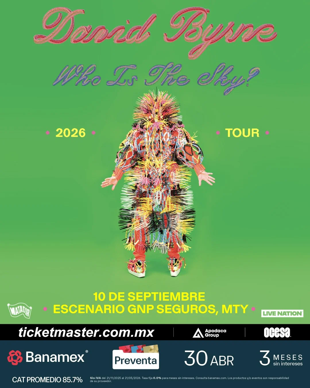 DAVID  BYRNE LLEGA A MONTERREY ESTE 2026 CON SU TOUR: Who Is The Sky Tour 