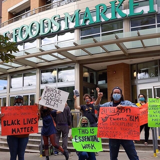 🚨PICKET LINE ALERT🚨Workers at the South Lake Union Whole Foods were sent home on Juneteenth for wearing BLM face masks. They are picketing outside the store everyday from 3-6 until their demands are met: the right to support Black lives at work, ba