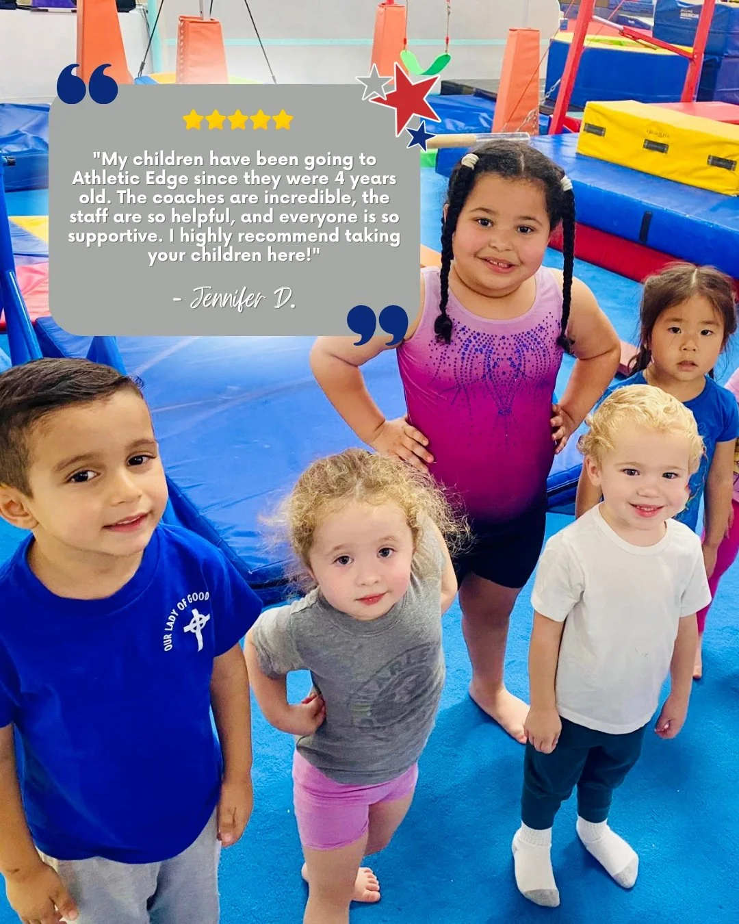 Thank you, Jennifer, for your lovely review! Join us at Athletic Edge and watch your kiddos grow and thrive in a fun and encouraging environment. Whether it's their first somersault or their 100th jump shot, we're here to cheer them on every step of 