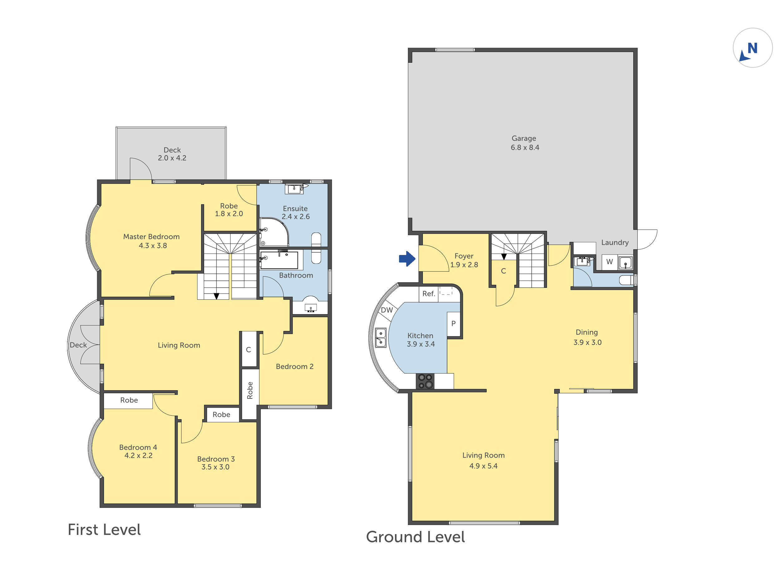 Floor plan of a house showing two levels, including bedrooms, bathrooms, living rooms, kitchen, dining room, garage, decks, and laundry area.