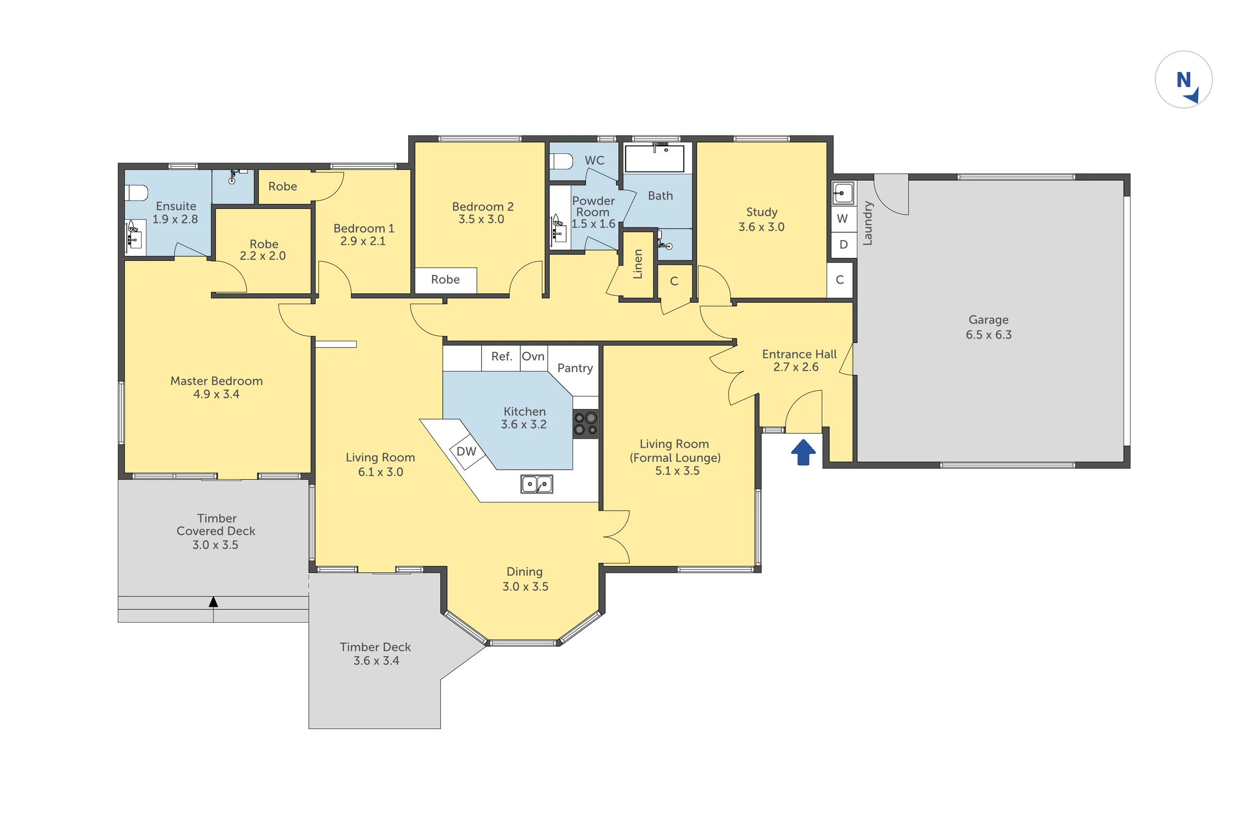 Floor plan of a house showing various rooms such as bedrooms, bathrooms, kitchen, living areas, and outdoor decks.
