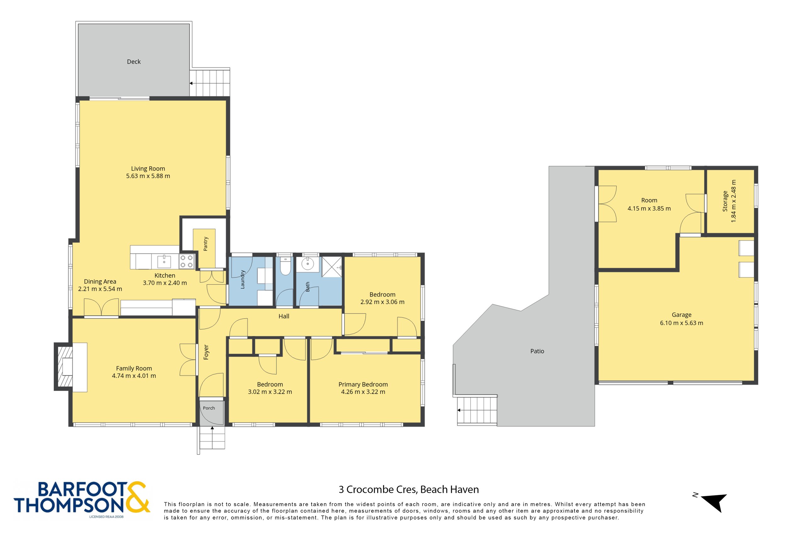 Floor plan of a house showing rooms, doors, and windows, including a deck, patio, garage, and several bedrooms and living areas.
