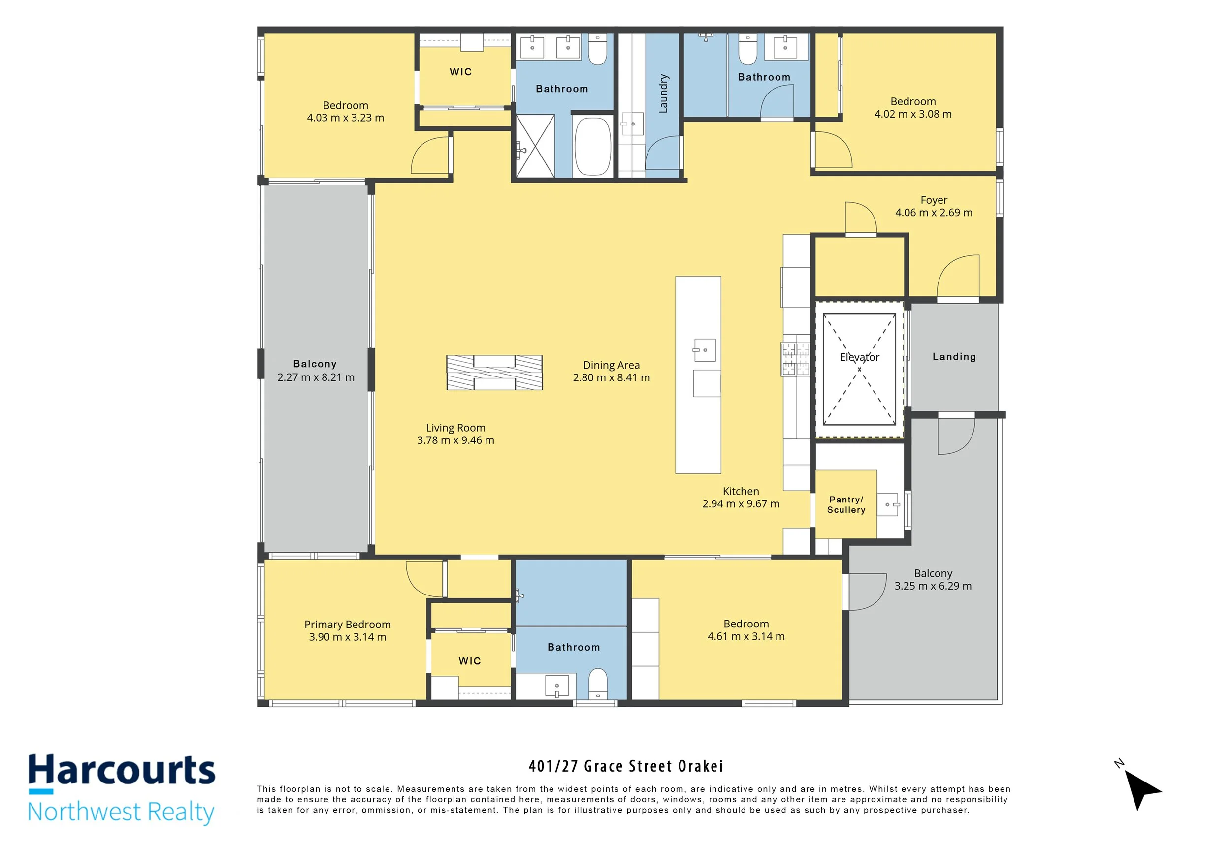 A detailed floor plan of a residential home showing multiple bedrooms, bathrooms, a living room, dining area, kitchen, pantry, balconies, and an elevator, with measurements for each room.