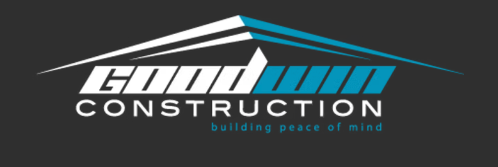Logo for Good W Construction with a stylized roofline and the tagline 'building peace of mind' against a dark background.