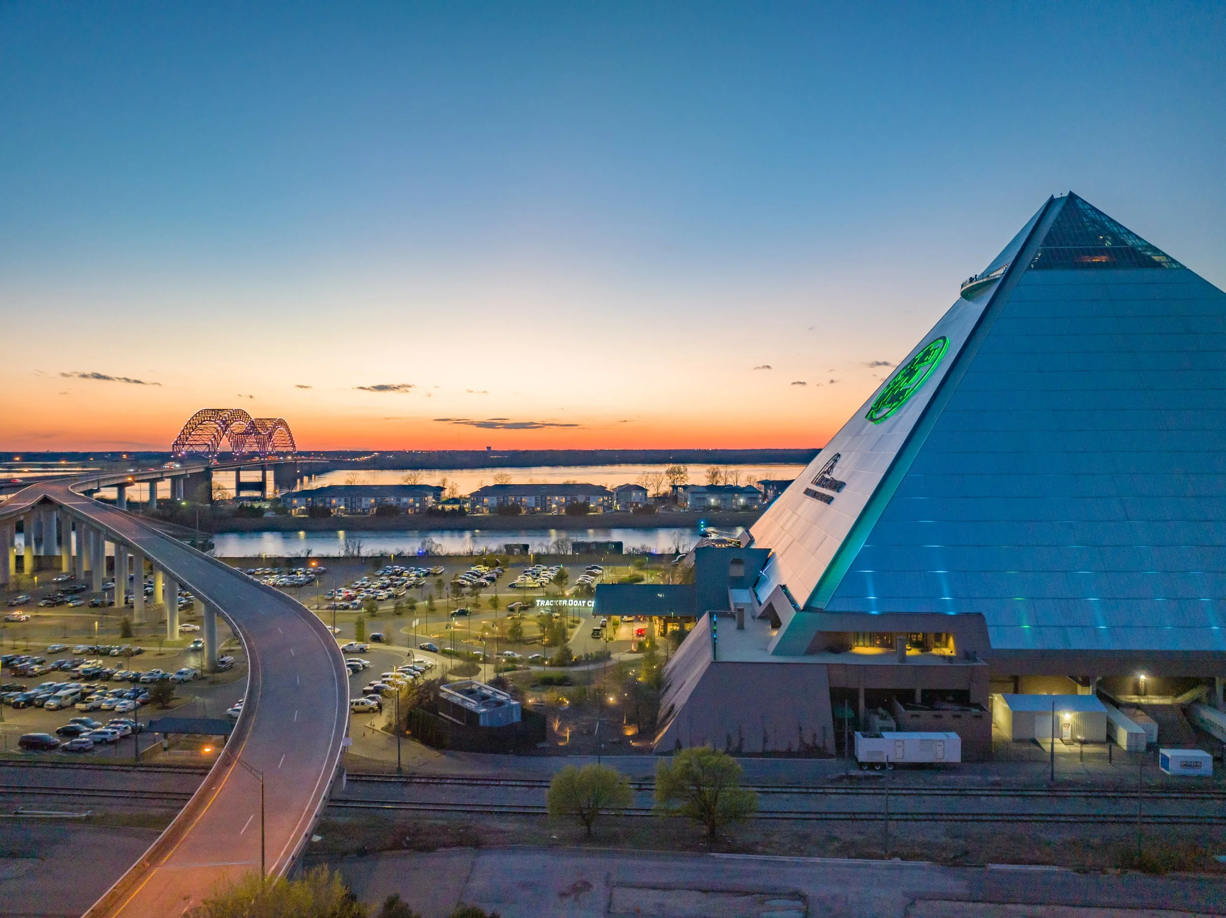 Aerial view of the Bass Pro Pyramid, Memphis Tennessee, at sunset. Memphis architectural photography. Memphis drone photography. 