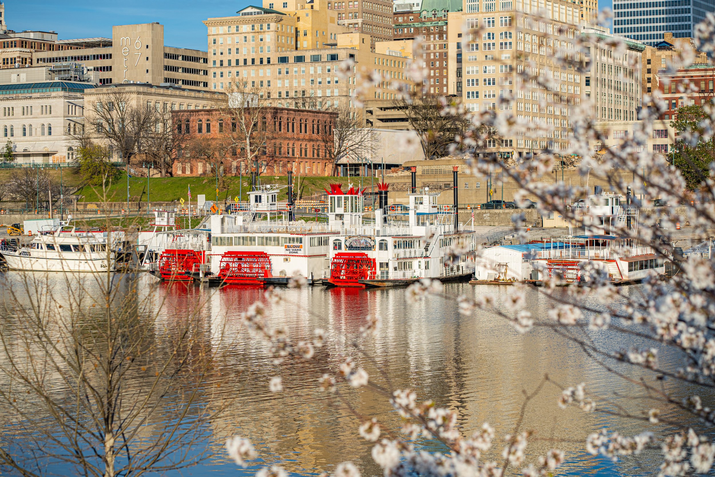 Boats docked along a river with buildings skyline in the background and cherry blossoms in the foreground. Memphis architectural photography. 