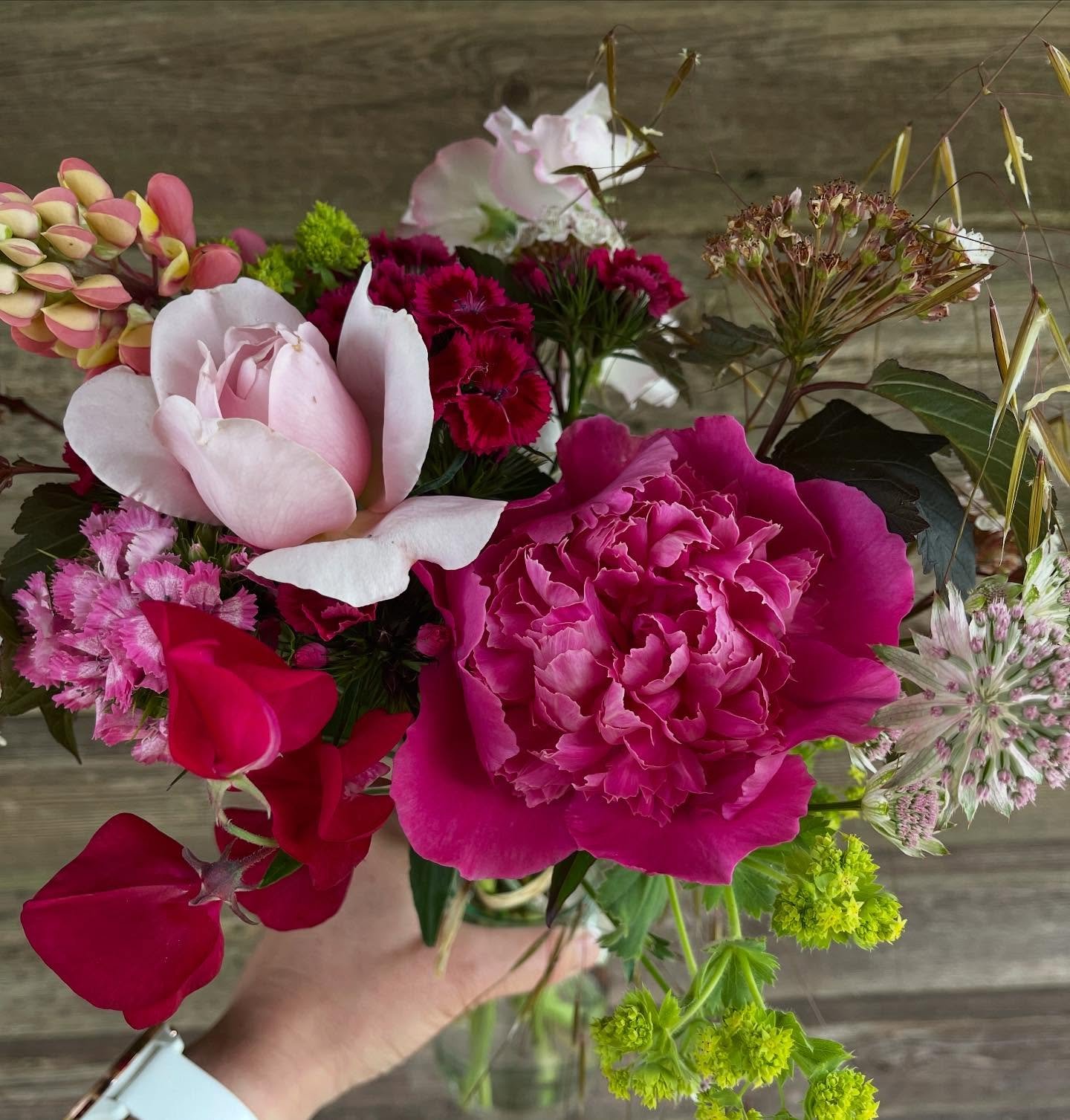 A freshly picked jam jar posy on its way up to the honesty stand this morning. Peonies, rose, sweet peas and sweet Williams filling the stand with scent 🌱 

Available daily for &pound;7 from the stand or to order. 

Did you know we also offer large 