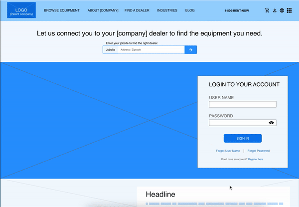 Webpage with a navigation bar at the top, a section to connect to a dealer by entering a jobsite and address, and a login box for existing users to sign in with username and password. The header is light blue, and the login area is centered on the page.