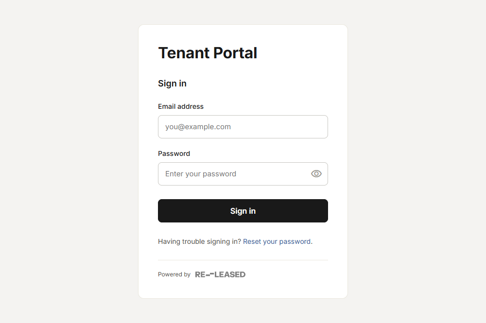 Re-Leased tenant portal sign-in screen with email and password fields