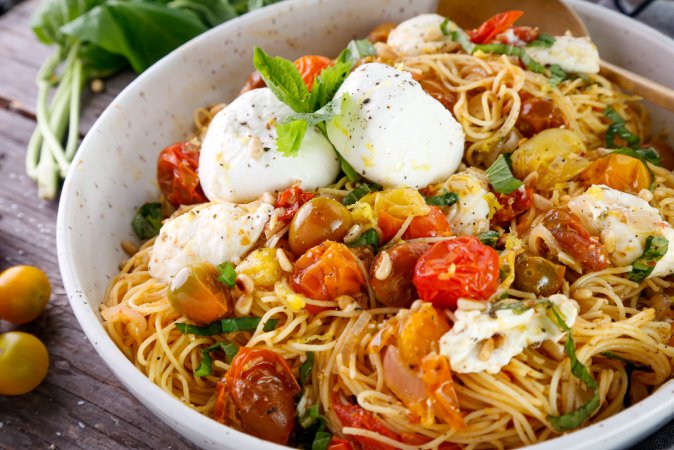 Summer Angel Hair Pasta with Roasted Cherry Tomatoes, Burrata and Basil —  Grand Fête