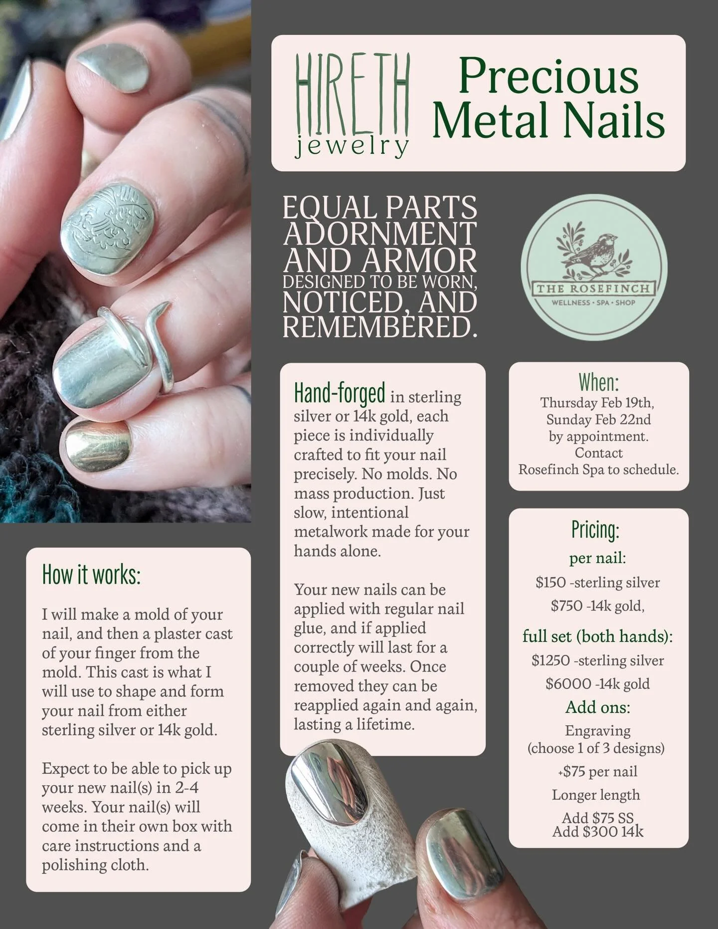 Hireth Jewelry X The Rosefinch present ✨Precious Metal Nails.✨ These hand forged, bespoke nails can be used again and again, lasting a lifetime. Please read details in the post and call to book your appointment with Nic at The Rosefinch. (404) 724-58