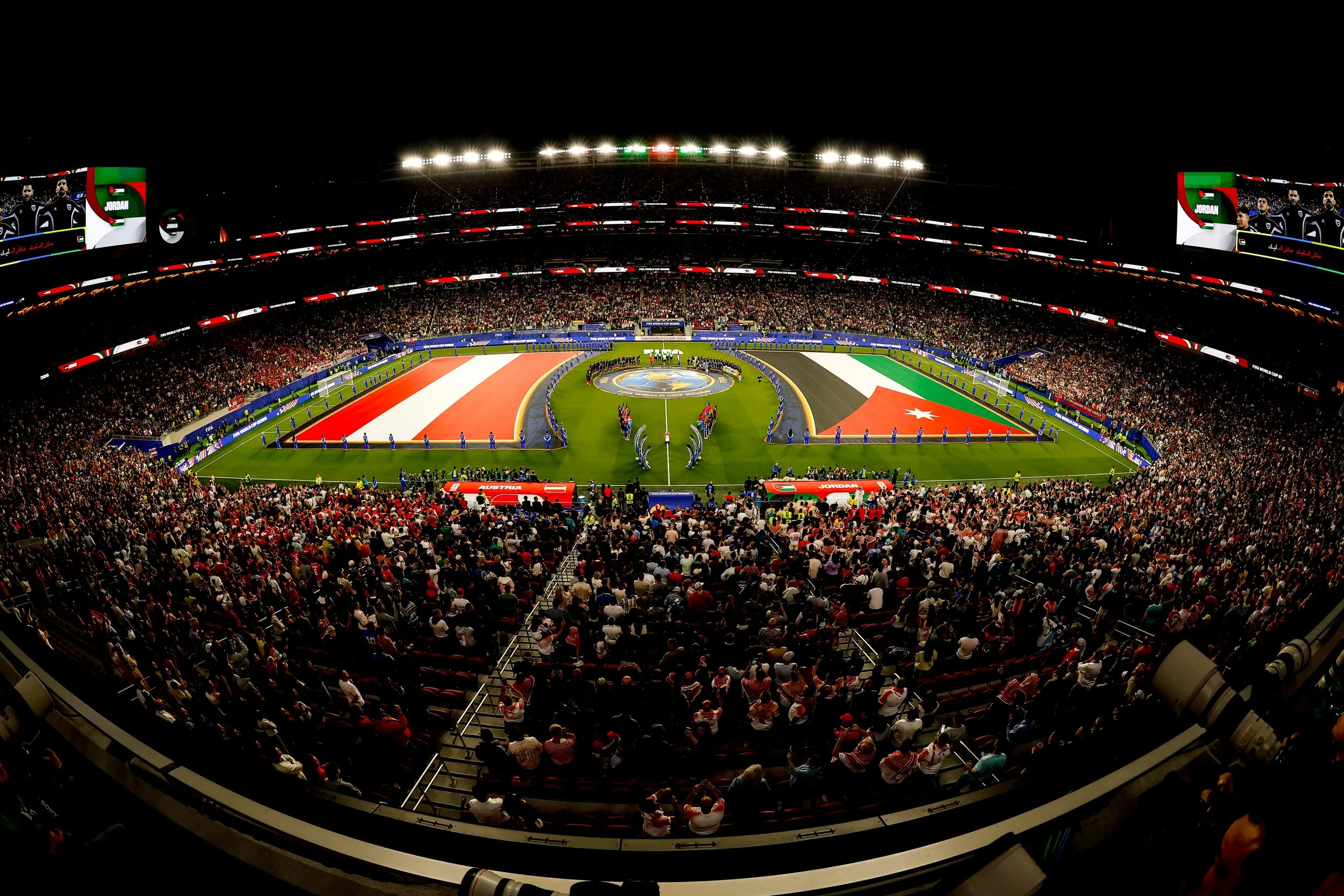 Austria and Jordan get ready for kickoff in front of a crowd of 68,527 fans at San Francisco Bay Area Stadium in Santa Clara, California (49ers Photos).