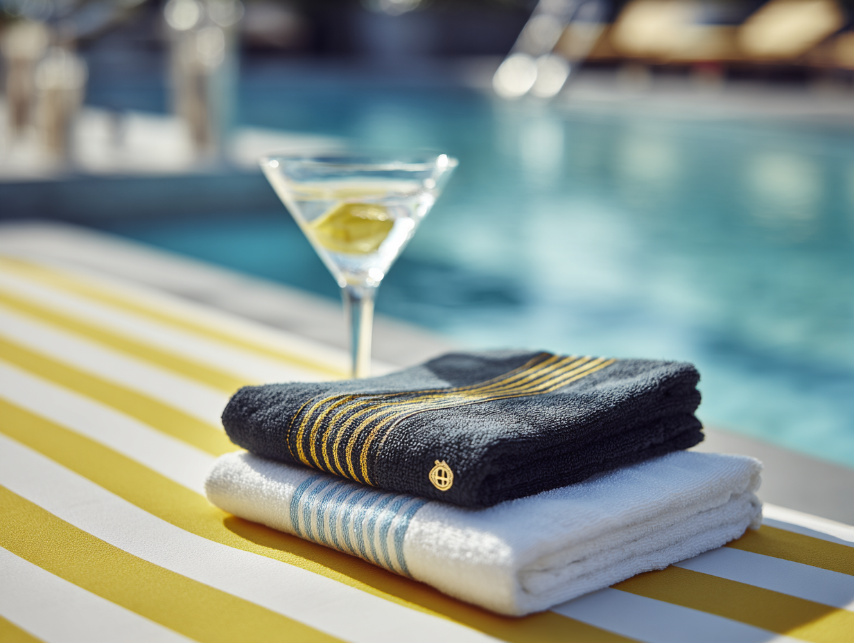 Poolside scene with a martini glass containing an olive, placed on a yellow and white striped towel beside folded black and white towels, with a swimming pool in the background.