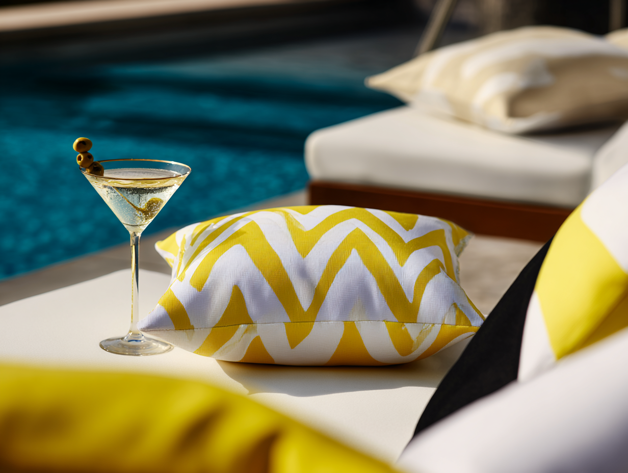 A glass of champagne with olives on top, placed on a poolside lounge chair next to a patterned yellow and white pillow and a pillow in the background, near a swimming pool.