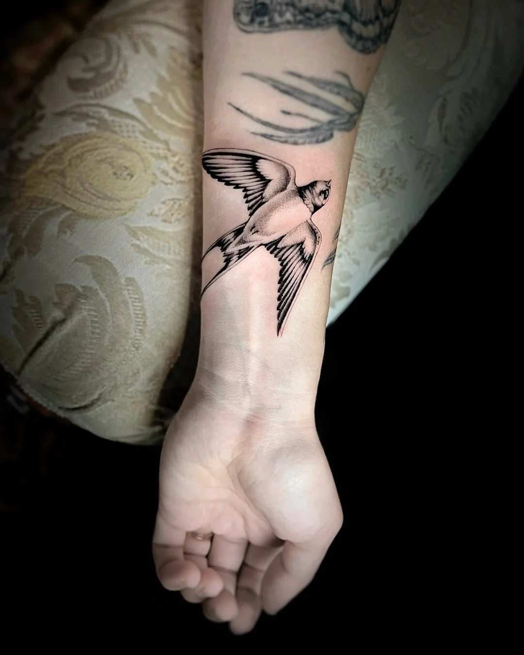 A swallowtail cuff flowing and embracing. Little heart wings and a swooping tail to flutter around this garden sleeve. A growing ecology of birds, butterflies and plants for Bri. Thank you so much for nurturing and creating this flourishing ecosystem