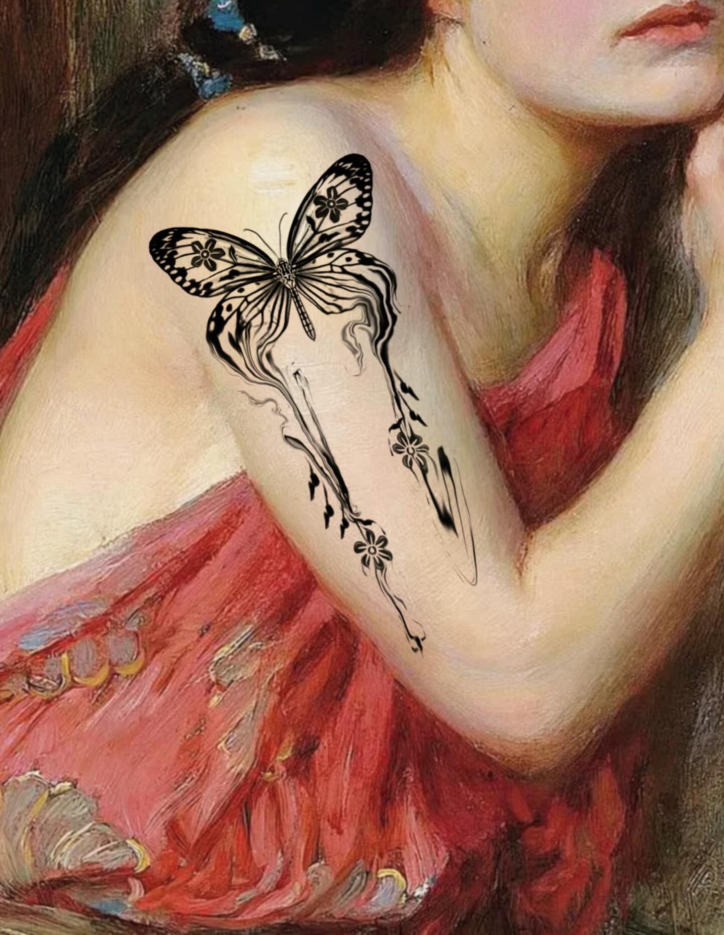 𝑨𝑽𝑨𝑰𝑳𝑨𝑩𝑳𝑬 🌹paper kite bleeding butterfly 
Book this flash via link in bio! 

This delicate fluttering butterfly is filled and dripping with Peregrina also known as spicy jatropha flowers upon which it feasts. A vibrant hot pink flower that 