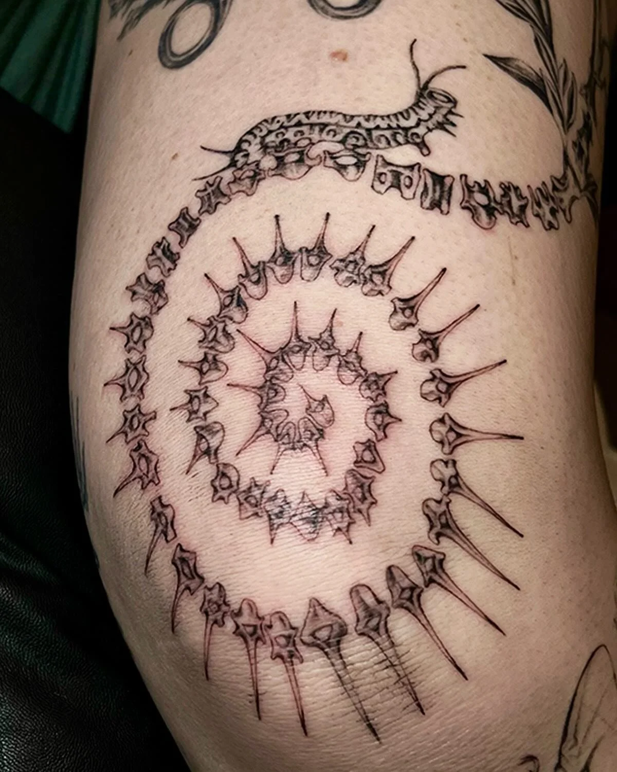 Skeletal knee swirl for this caterpillar&rsquo;s perch 🐛 a gothic garden for Colleen in this epic tattoo sleeve saga! Miss having you in already 🖤  swirls and arrays to begin this new year and the most EPIC kneecap to have forever!!

#skeletontatto