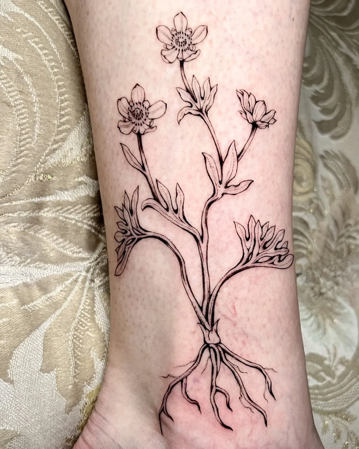 a creeping ranunculus taking root upon the ankle bone &amp; flourishing upwards🖤 for Matt. I adore the scientific accuracy this one took and how it translated from its natural form onto the body! Love a collab &amp; love my scientists, thank you for