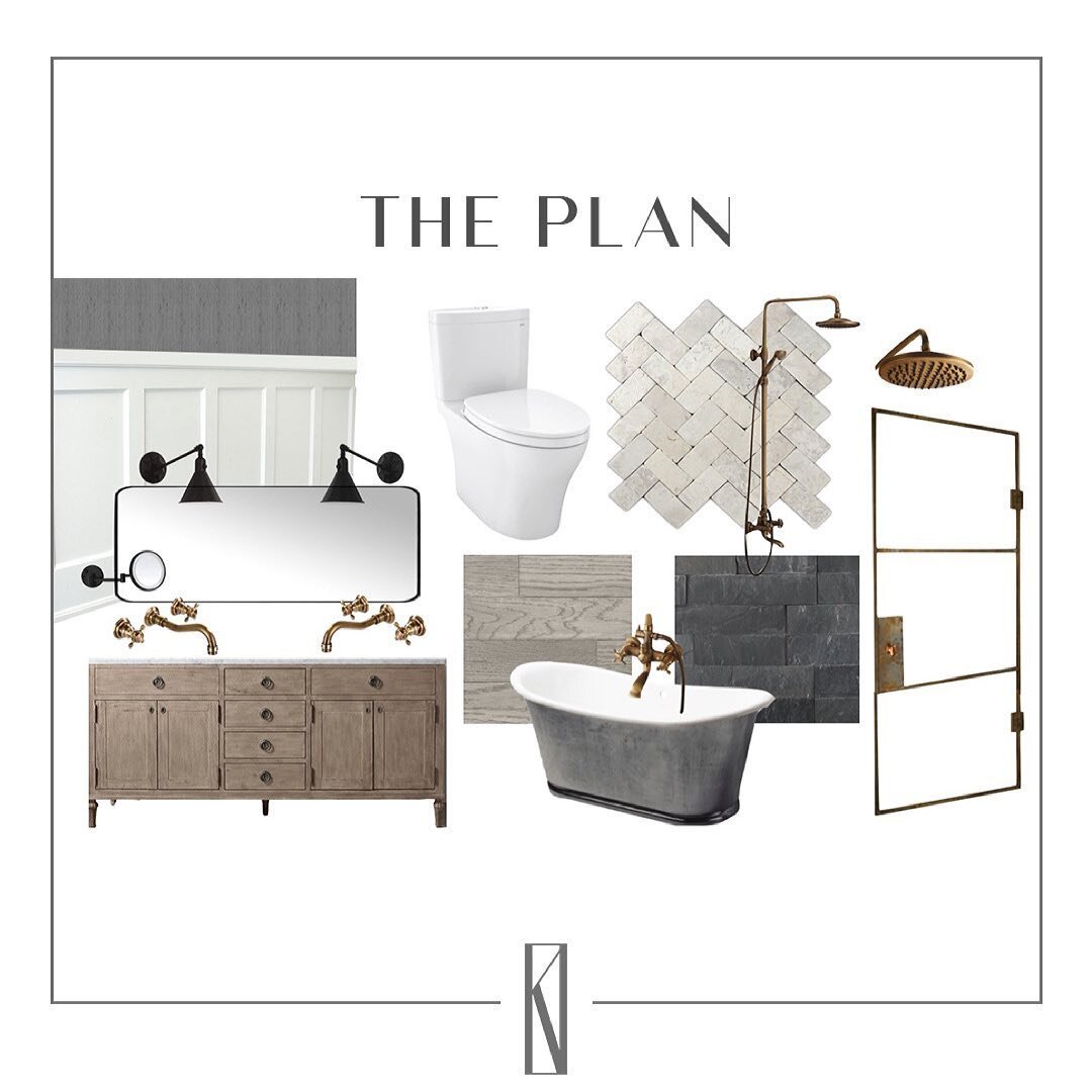 Wrapping up our bathroom renovation in Water Mill, and I always love looking back at the original mood boards to see how the design morphs... for this project, we only made a few tweaks 🤍 I am really loving how it's turned out! Stay tuned for finish
