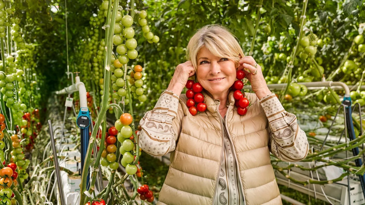 A woman in a greenhouse holding cherry tomatoes around her neck, with rows of tomato plants around her.