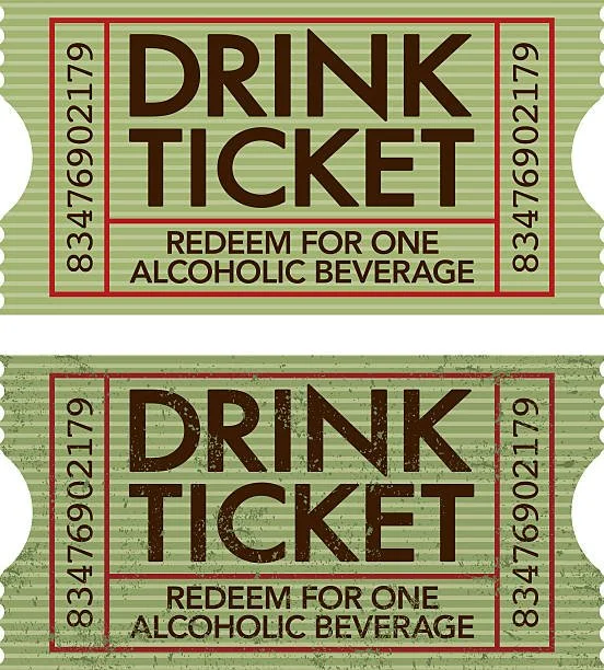 Two drink tickets with green backgrounds and red borders, each marked with a serial number, and text indicating they can be redeemed for one alcoholic beverage.