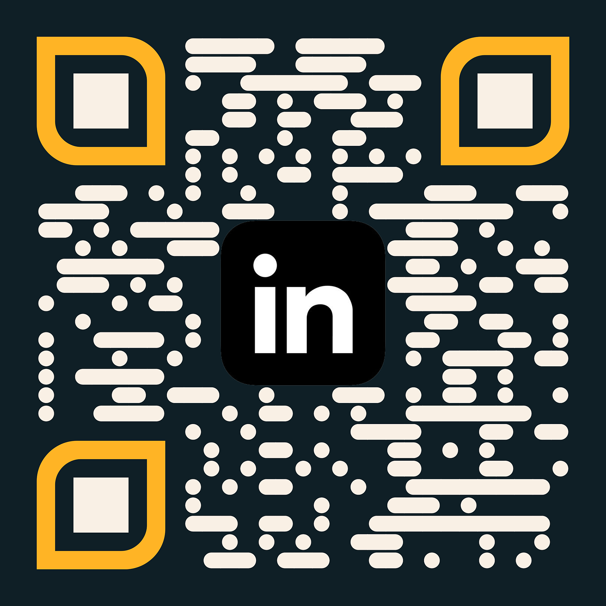 LinkedIn logo with a yellow border on a dark background, composed of dots and lines in a stylized design.