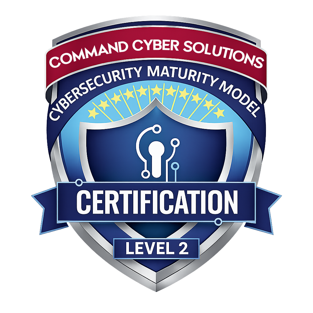 A badge for cybersecurity certification, featuring a shield with a circuit symbol and text indicating Level 2 certification in command cyber solutions and cybersecurity maturity model.