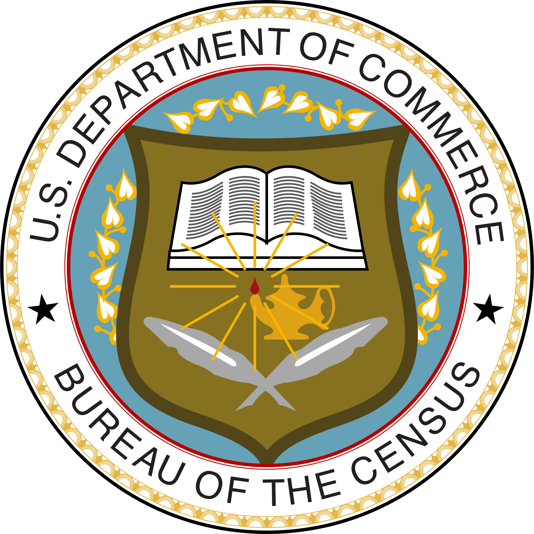 Seal of the United States Department of Commerce, emphasizing education and scientific research, featuring a book inside a shield, a compass, and decorative elements in gold, black, white, blue, red, and green.