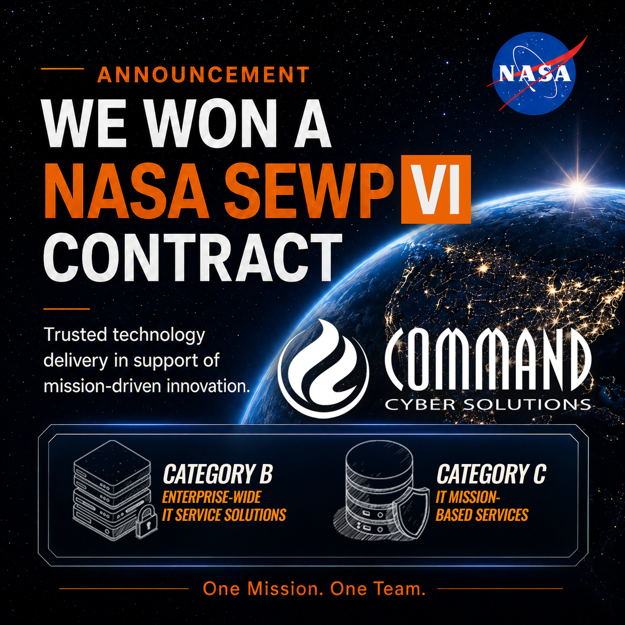 Command Cyber Solutions, LLC (CCS) has been selected as an awardee under NASA’s Solutions for Enterprise-Wide Procurement (SEWP) VI Government-Wide Acquisition Contract (GWAC)