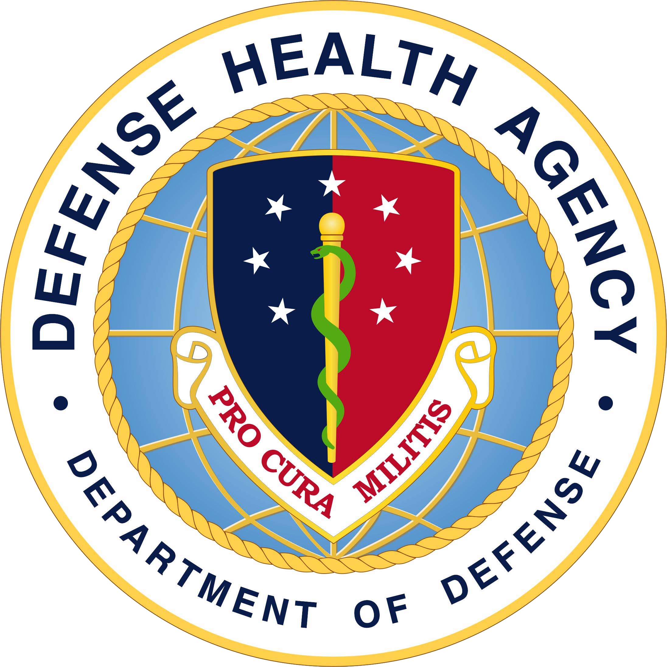 Seal of the Department of Defense with the words 'Department of Defense' and 'Defense Health Agency' surrounding a red shield with a blue section containing white stars, a gold sword, and a green snake.