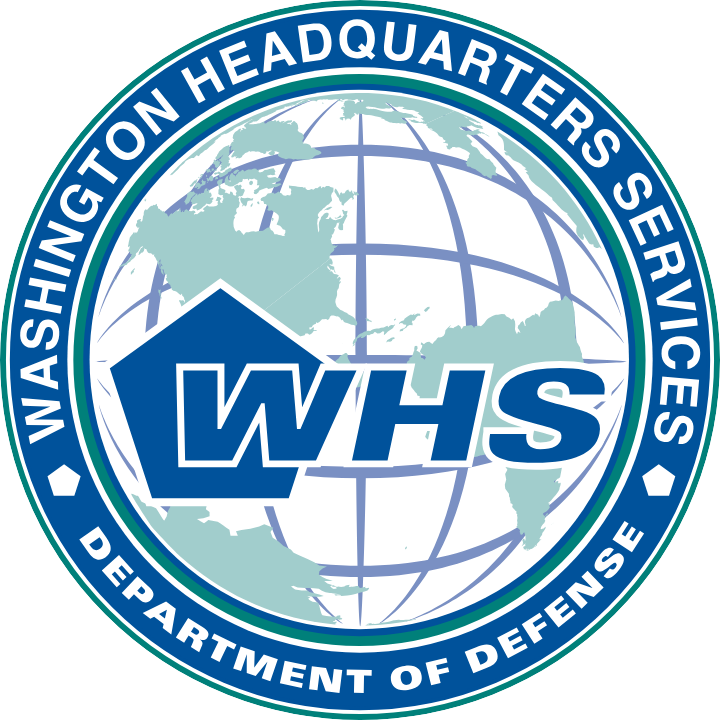 Emblem of the Washington Headquarters Services, Department of Defense, featuring a globe with continents and latitude/longitude lines, and a blue house shape with the initials 'WHS' in the center, surrounded by the text 'Washington Headquarters Services' and 'Department of Defense'.