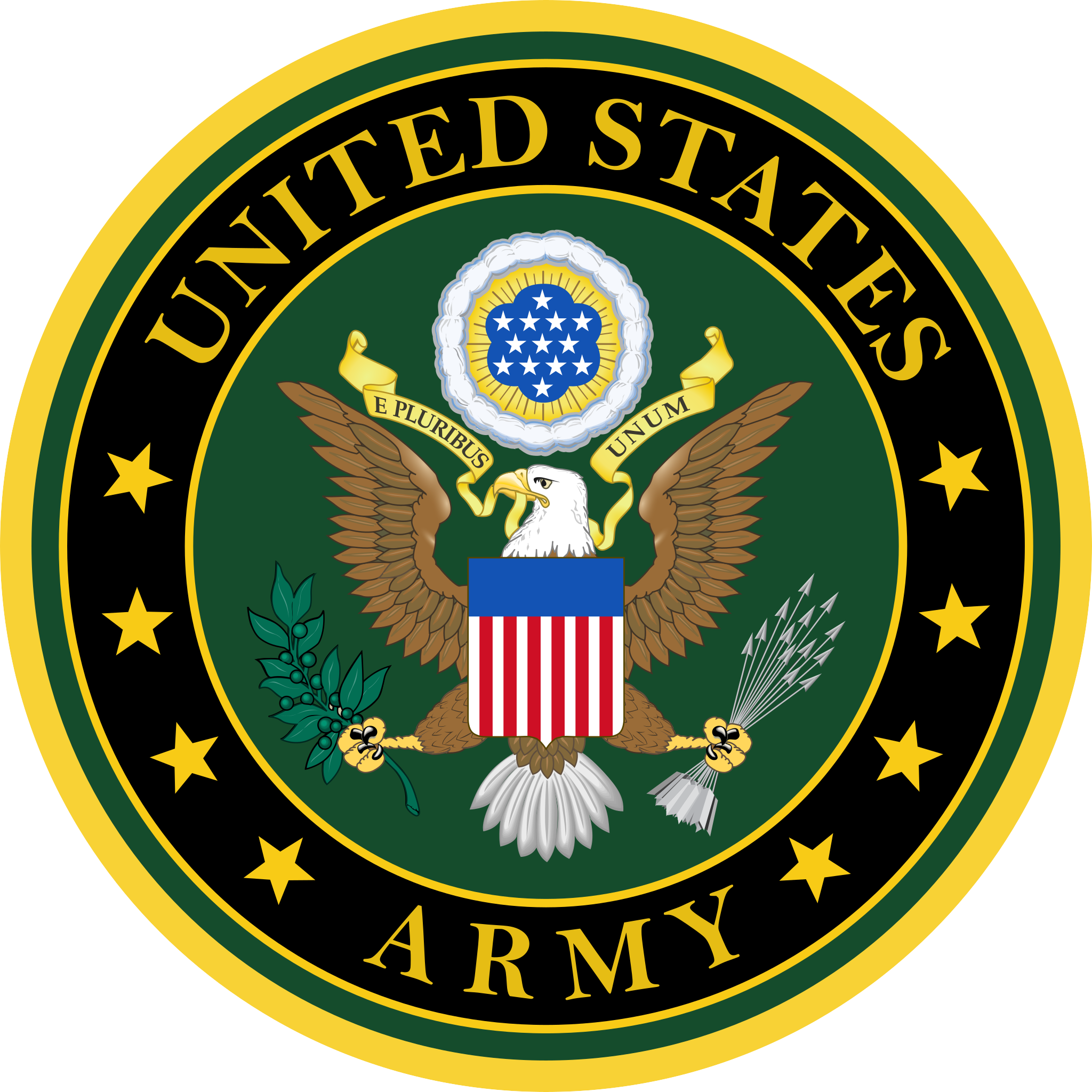 Seal of the United States Department of the Army featuring a bald eagle holding arrows and an olive branch, with stars and a shield, surrounded by black and gold ring with the words 'United States' and 'Army'.