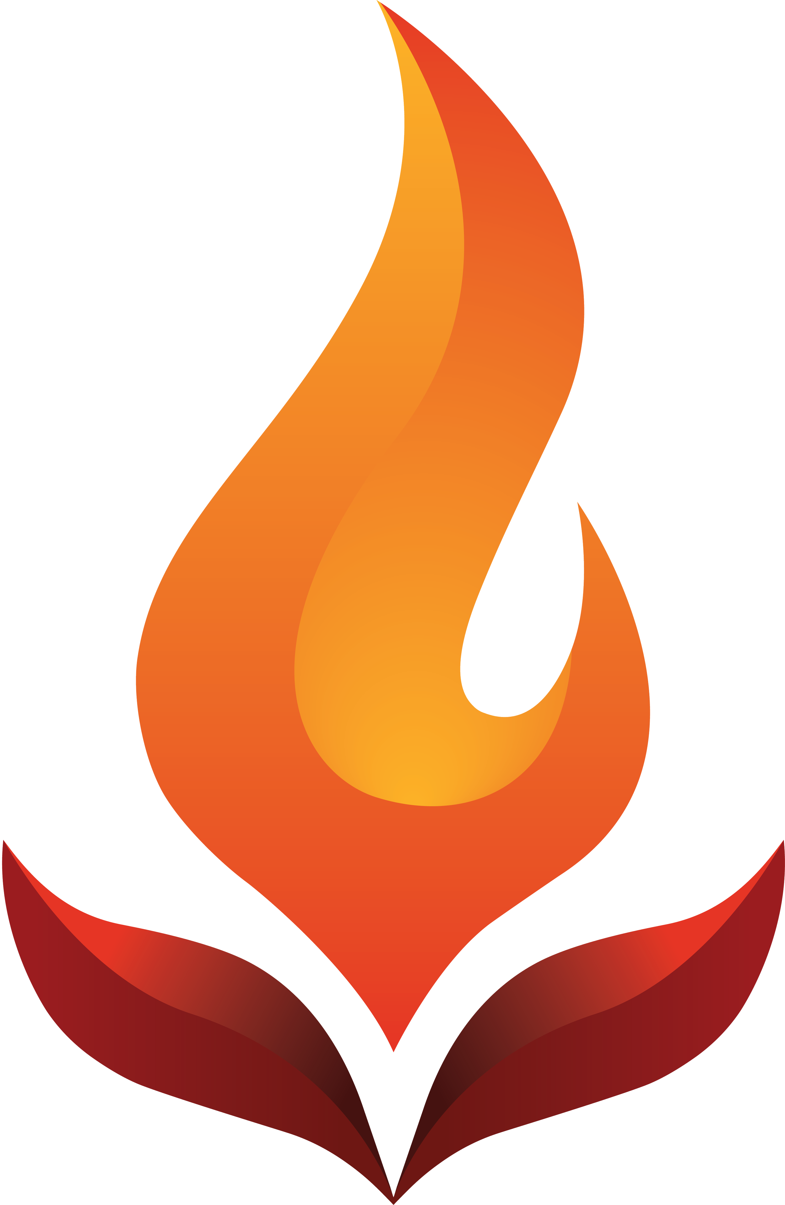 A stylized, abstract flame in shades of orange, red, and black.
