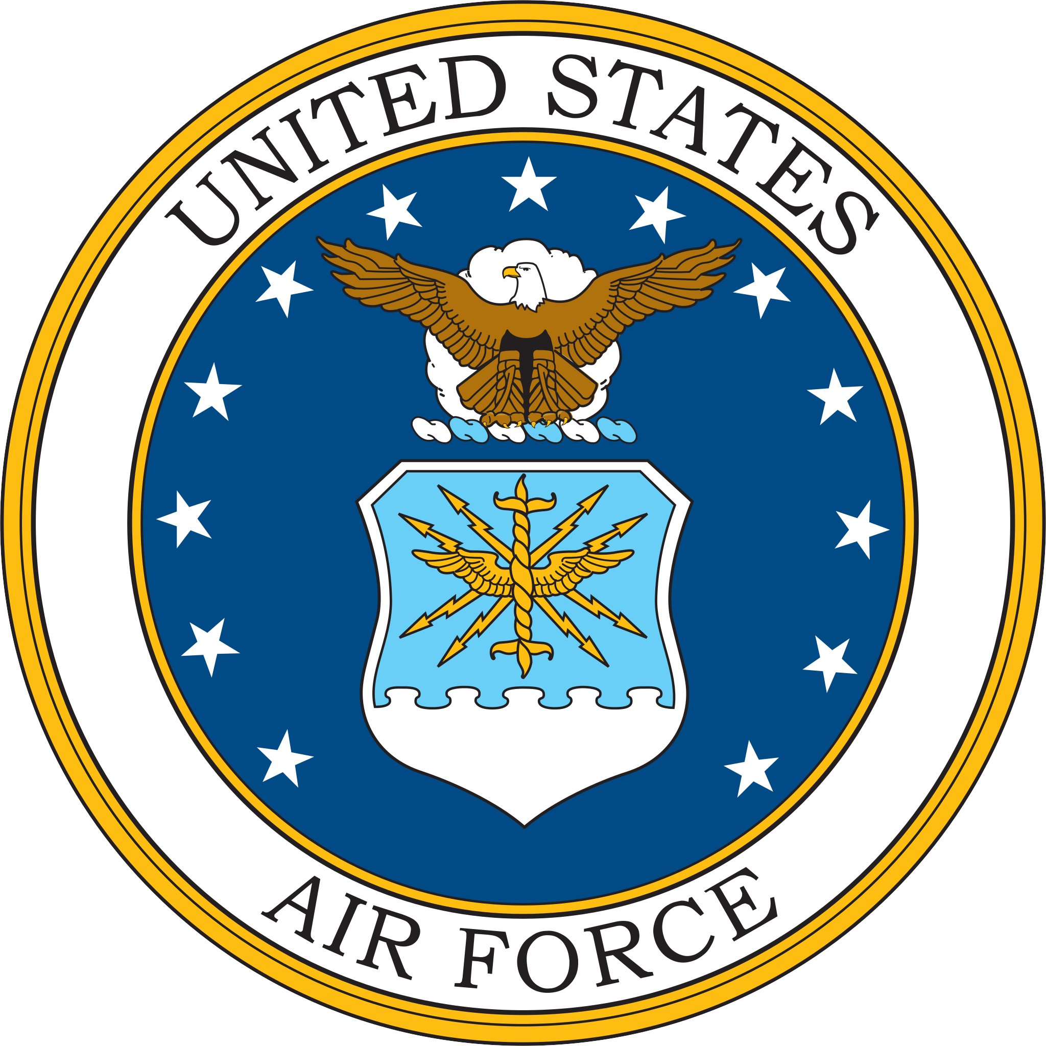 United States Air Force badge with eagle, stars, and lightning bolts.