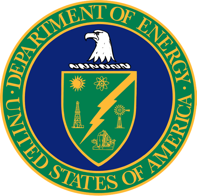 Seal of the U.S. Department of Energy with a green shield featuring symbols of energy, topped by an eagle's head, and surrounded by a blue and gold border reading 'U.S. Department of Energy' and 'United States of America.'