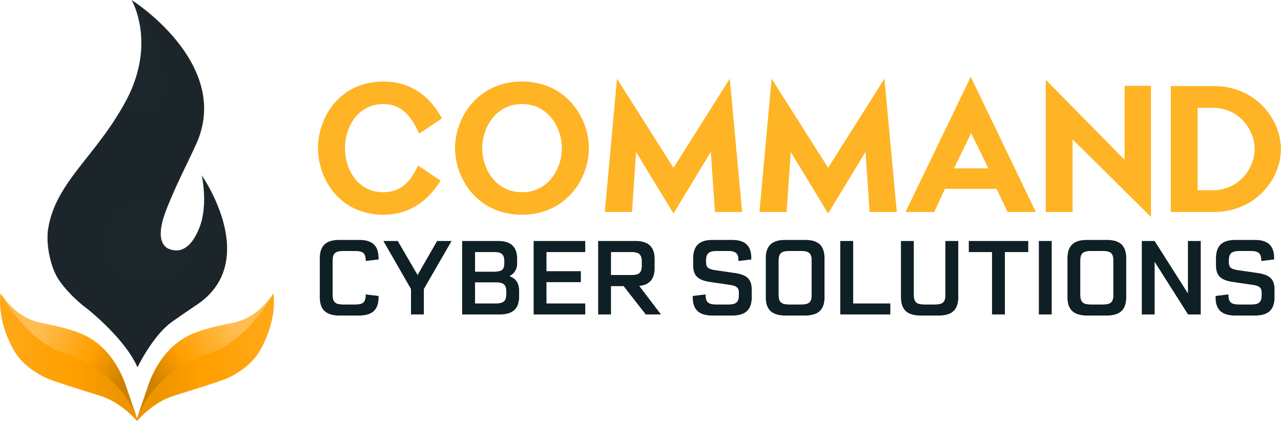 Logo of Command Cyber Solutions featuring a stylized black and orange flame or torch icon with the company name in bold, orange and black text.