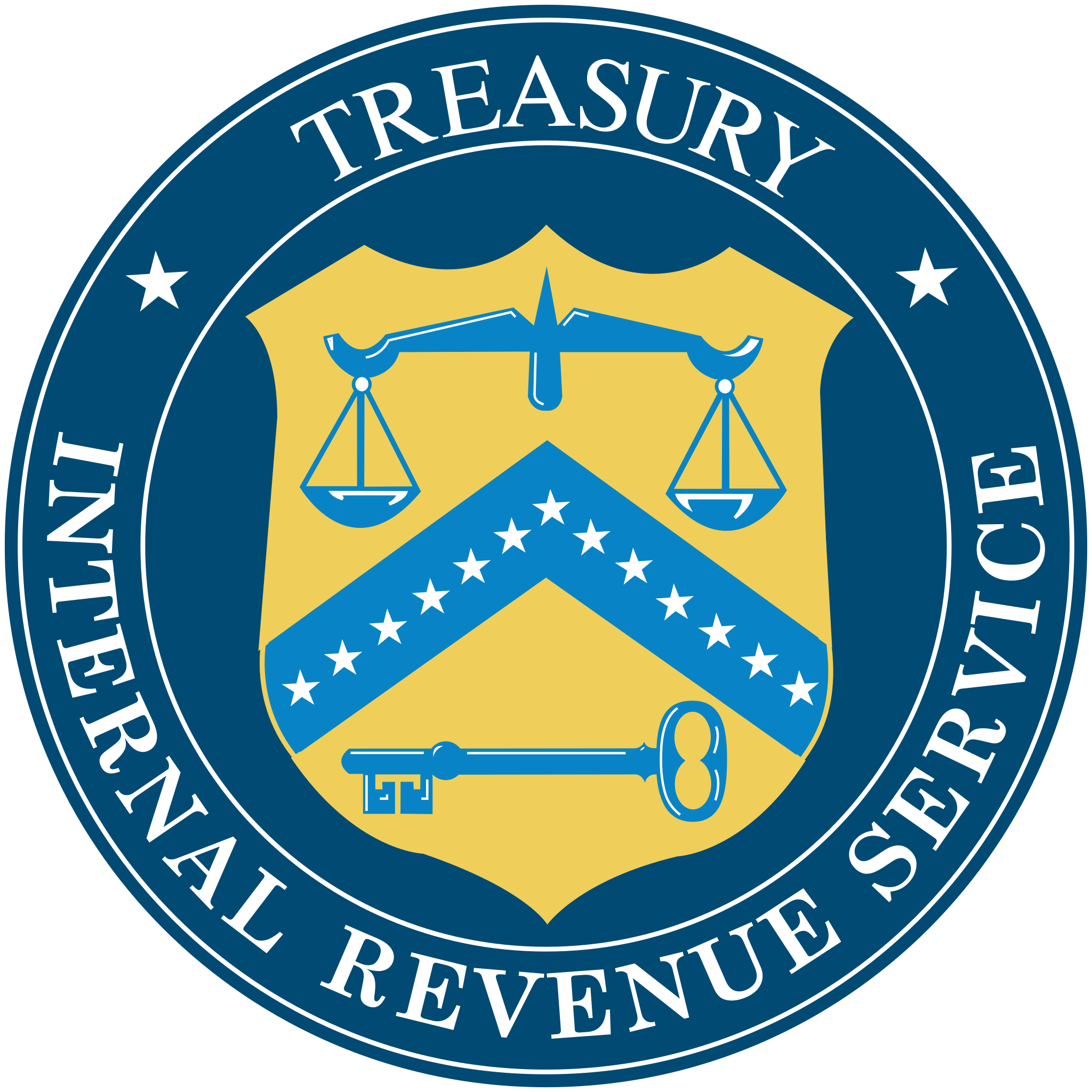 Official seal of the U.S. Department of the Treasury featuring a balanced scales symbol in the center surrounded by a blue and gold circular border with white text.